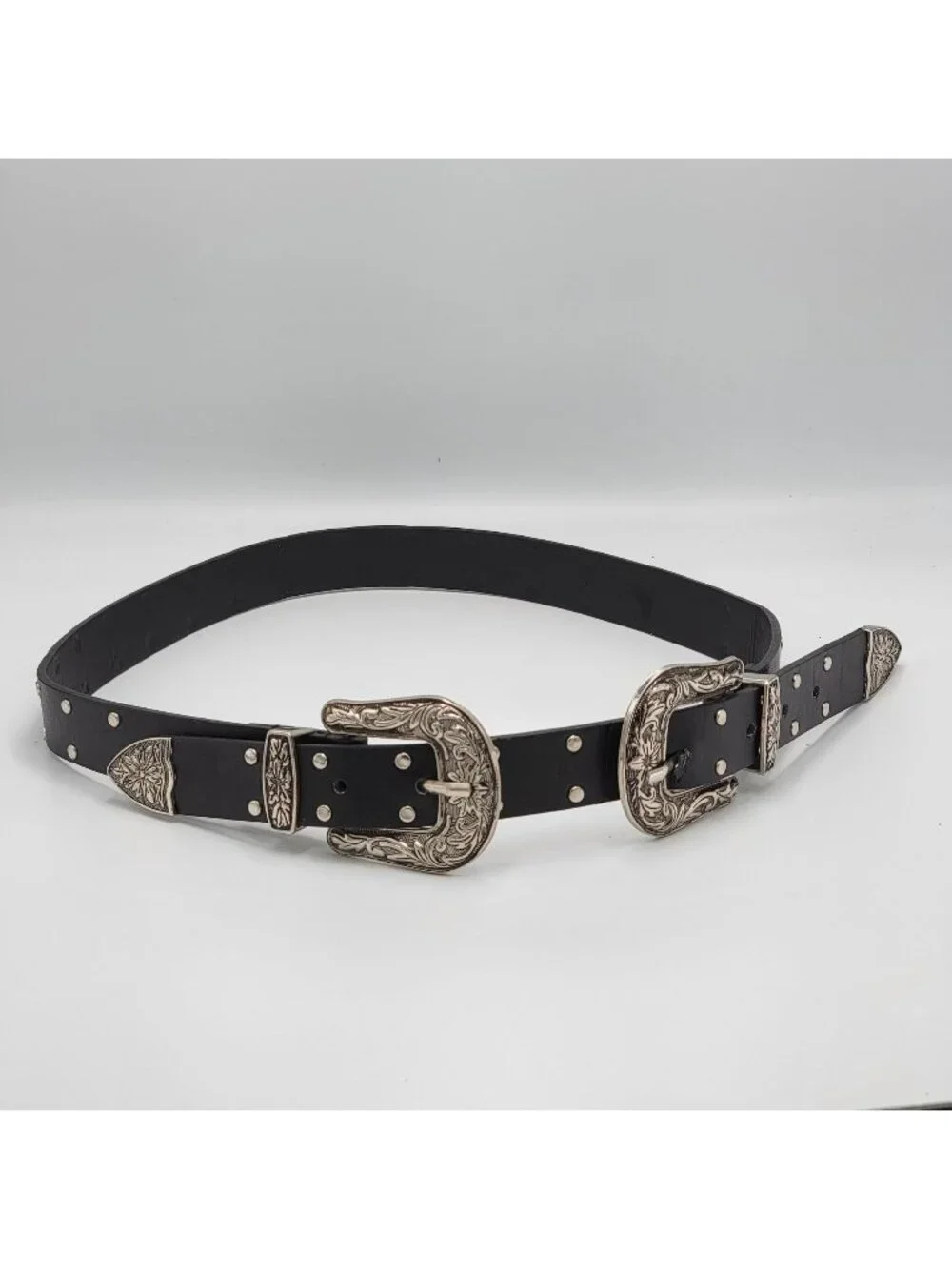 Western-Style Black Leather Belt With Dual Ornate Silver Buckles & Stud Details